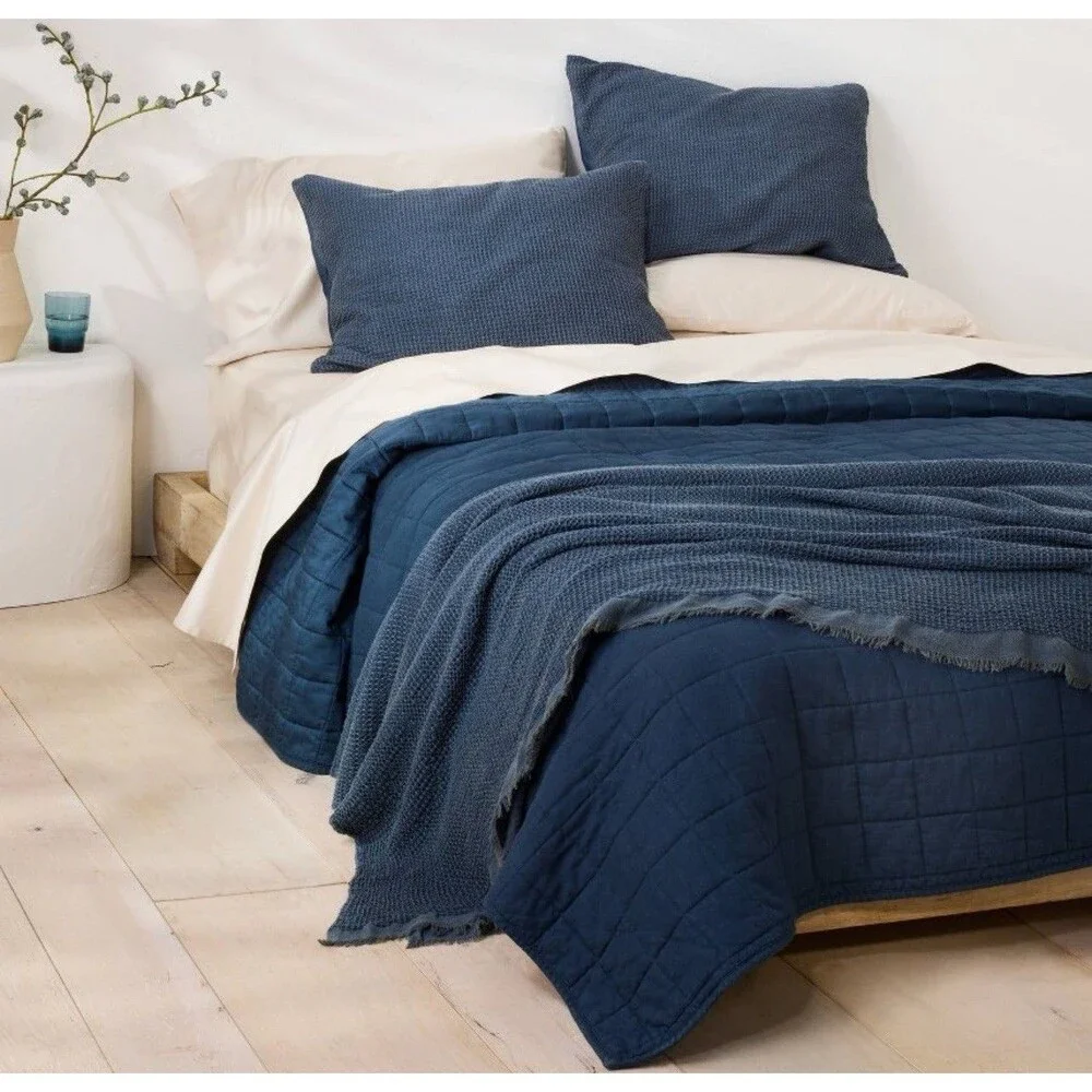 SET! King Textured Waffle Coverlet & 2 King Shams Dark Mineral Blue Casaluna